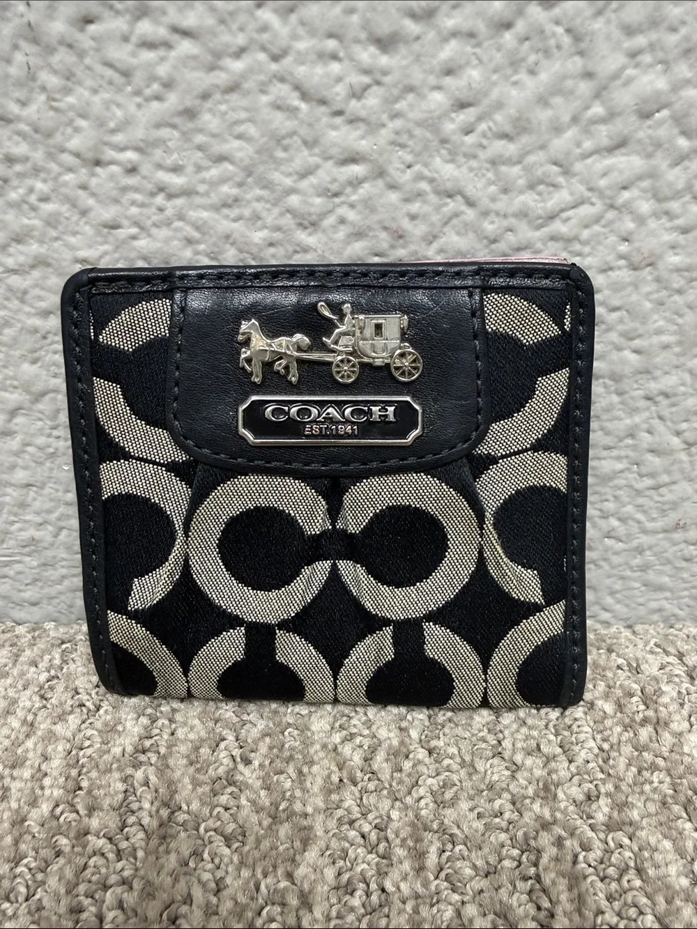 Coach Black and Beige Signature Card Holder Wallet